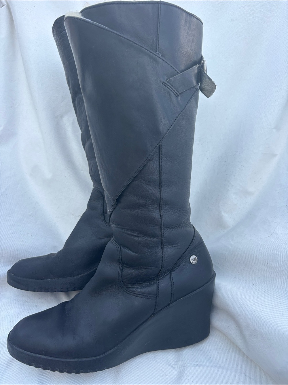 UGG Black Leather Wedge Knee-High Boots with Side Zipper